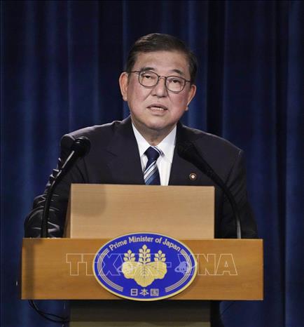 Thủ tướng Nhật Bản Shigeru Ishiba trong cuộc họp báo tại Kananaskis, Canada ngày 17/6/2025. Ảnh: Kyodo/TTXVN