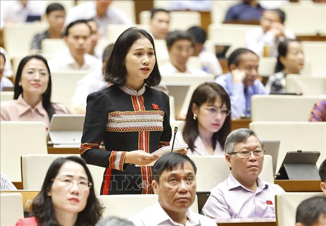 Đại biểu Quốc hội tỉnh Kon Tum Nàng Xô Vi đặt câu hỏi chất vấn. Ảnh: Doãn Tấn - TTXVN