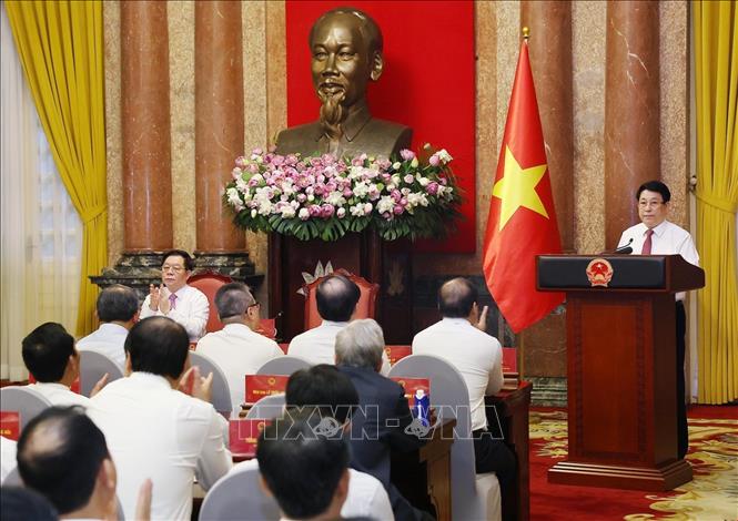 Chủ tịch nước Lương Cường phát biểu tại buổi gặp mặt các nhà báo tiêu biểu toàn quốc. Ảnh: Lâm Khánh - TTXVN