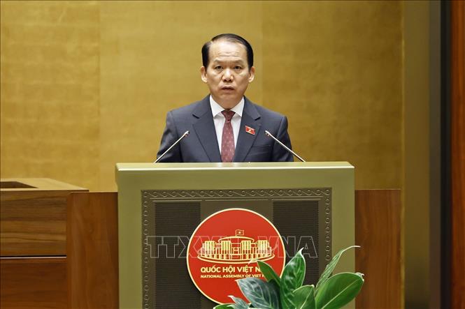 Chủ nhiệm Ủy ban Pháp luật và Tư pháp của Quốc hội Hoàng Thanh Tùng trình bày Báo cáo thẩm tra dự thảo Nghị quyết của Quốc hội về cơ chế xử lý khó khăn, vướng mắc do quy định của pháp luật. Ảnh: Doãn Tấn - TTXVN
