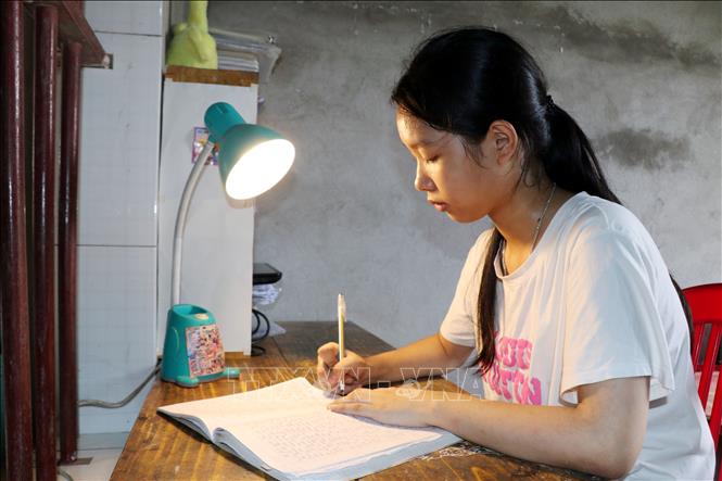 Em Phạm Vũ Phương Thảo tự học ở nhà. Ảnh: Nguyễn Lành - TTXVN 