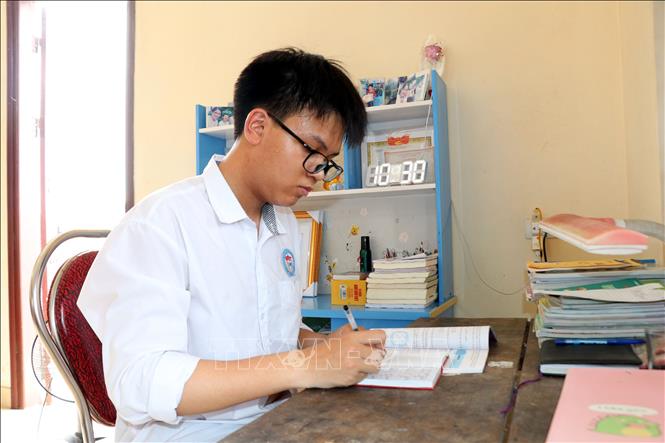 Em Trần Duy Phát tự học ở nhà. Ảnh: Nguyễn Lành - TTXVN 