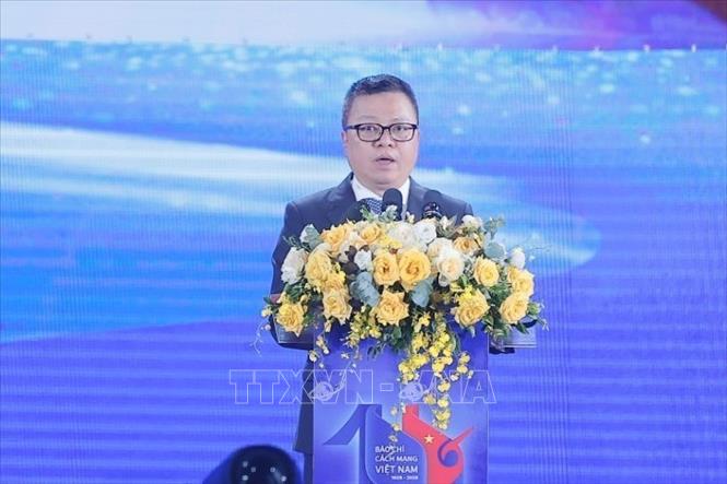 Đồng chí Lê Quốc Minh, Chủ tịch Hội Nhà báo Việt Nam, Tổng Biên tập Báo Nhân dân phát biểu. Ảnh: Minh Quyết - TTXVN