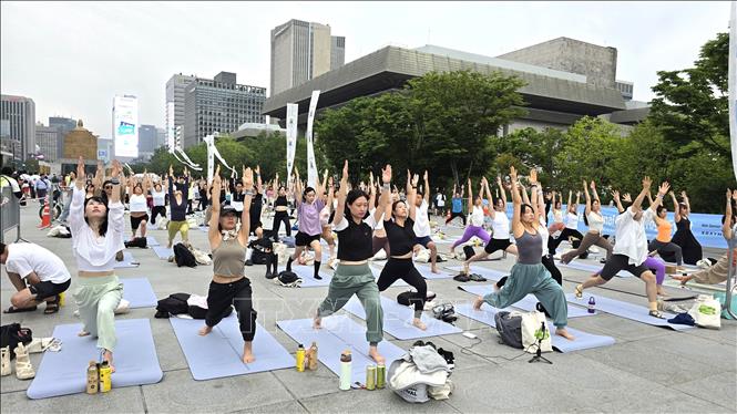 Tại Quảng trường Gwanghwamun ở trung tâm Seoul, với khẩu hiệu “Tìm kiếm hào quang của bạn”, hơn 1.000 người tham gia đã tập trung ngoài trời để thực hành Surya Namaskar - một chuỗi động tác yoga gồm 12 tư thế - cũng như Hatha và Vinyasa yoga, hai phong cách phổ biến. Ảnh: Đức Thắng - P/v TTXVN tại Hàn Quốc