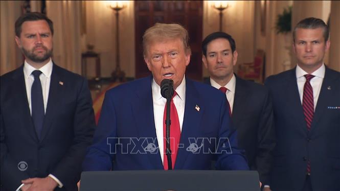 Tổng thống Mỹ Donald Trump phát biểu tại Nhà Trắng về chiến dịch không kích Iran, ngày 21/6/2025. Ảnh: CBS/TTXVN