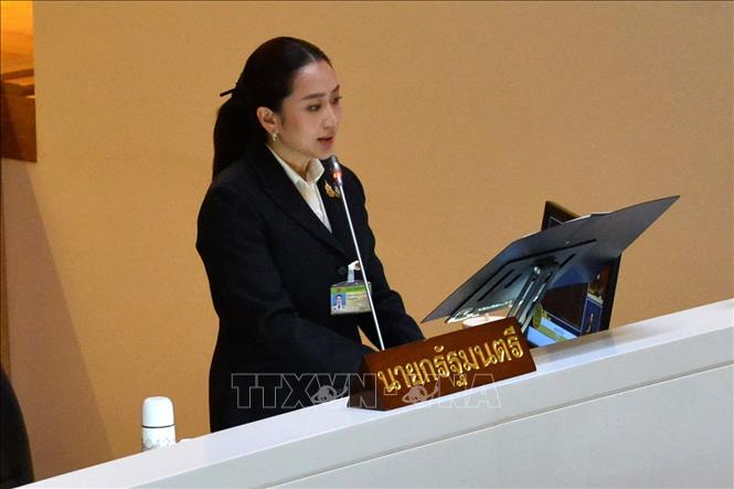 (Tư liệu) Thủ tướng Thái Lan Paetongtarn Shinawatra phát biểu tại thủ đô Bangkok. Ảnh: THX/TTXVN