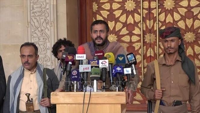 Quan chức cấp cao của Houthi Mohammed al-Bukhaiti trong một bài phát biểu. Ảnh: IRNA/TTXVN