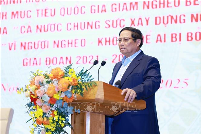 Thủ tướng Phạm Minh Chính phát biểu tại Hội nghị toàn quốc tổng kết Chương trình mục tiêu quốc gia xây dựng nông thôn mới. Ảnh: Dương Giang-TTXVN
