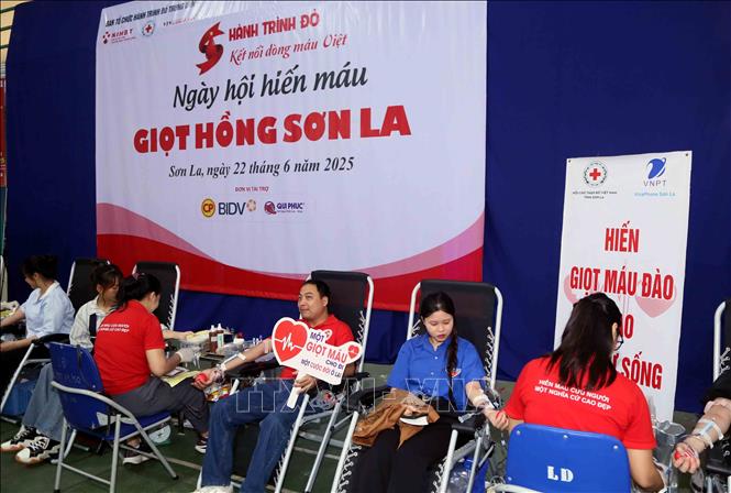Đông đảo các tầng lớp nhân dân đang sinh sống, làm việc tại thành phố Sơn La, tỉnh Sơn La tham gia hiến máu tình nguyện tại ngày hội. Ảnh: Quang Quyết - TTXVN