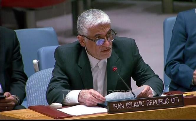 Đại sứ Iran tại LHQ Amir Saeid Iravani phát biểu tại cuộc họp HĐBA LHQ. Ảnh: IRNA/TTXVN