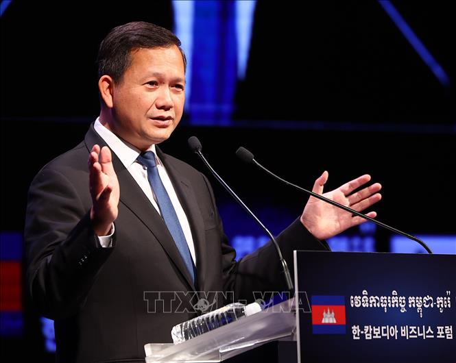 Thủ tướng Campuchia Hun Manet phát biểu tại một diễn đàn ở Seoul, Hàn Quốc. Ảnh: Yonhap/TTXVN