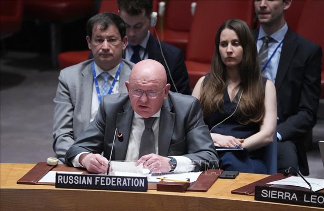 Đại sứ Nga tại LHQ Vassily Nebenzia phát biểu trong phiên họp khẩn của Hội đồng Bảo an LHQ về vụ tấn công của Mỹ vào các cơ sở hạt nhân Iran, tại New York (Mỹ) ngày 22/6/2025. Ảnh: AP/TTXVN
