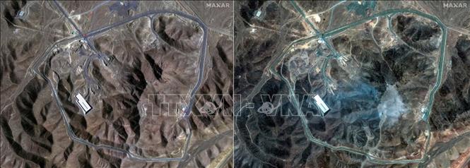 Hình ảnh do vệ tinh Maxar cung cấp về cơ sở hạt nhân Fordow ở Qom, Iran, trước (ảnh trái) và sau khi bị Mỹ không kích, ngày 20/6 và 22/6/2025. Ảnh: Reuters/TTXVN
