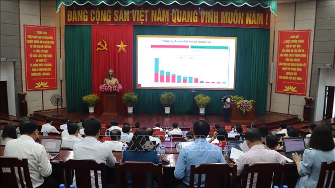 Hội nghị tại điểm cầu Tỉnh ủy Hậu Giang. Ảnh: Hồng Thái - TTXVN
