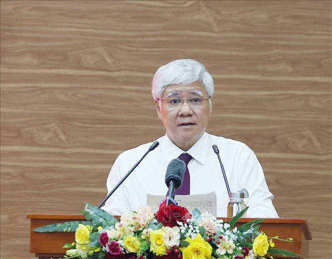 Đồng chí Đỗ Văn Chiến, Ủy viên Bộ Chính trị, Bí thư Trung ương Đảng, Bí thư Đảng đoàn, Bí thư Đảng ủy Mặt trận Tổ quốc và các đoàn thể Trung ương, Chủ tịch Ủy ban Trung ương Mặt trận Tổ quốc Việt Nam phát biểu. Ảnh: Thống Nhất – TTXVN