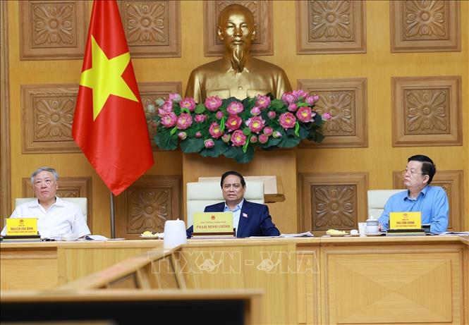 Thủ tướng Phạm Minh Chính chủ trì họp triển khai Triển lãm thành tựu của đất nước nhân dịp kỷ niệm 80 năm Quốc khánh. Ảnh: Dương Giang-TTXVN 
