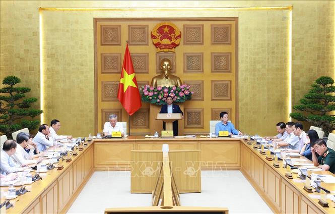 Thủ tướng Phạm Minh Chính chủ trì họp triển khai Triển lãm thành tựu của đất nước nhân dịp kỷ niệm 80 năm Quốc khánh. Ảnh: Dương Giang-TTXVN 
