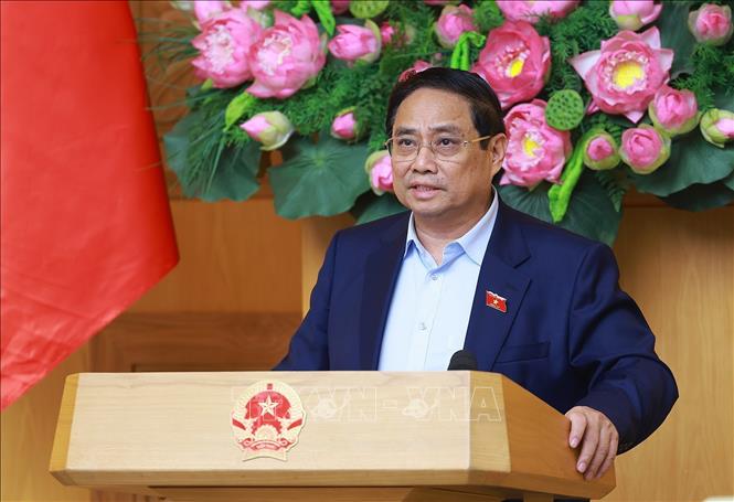 Thủ tướng Phạm Minh Chính chủ trì họp triển khai Triển lãm thành tựu của đất nước nhân dịp kỷ niệm 80 năm Quốc khánh. Ảnh: Dương Giang-TTXVN 
