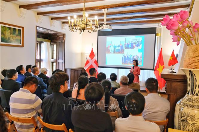 Đại sứ Nguyễn Lê Thanh phát biểu tại cuộc gặp với đại diện cộng đồng Việt Nam tại Đan Mạch. Ảnh: TTXVN phát