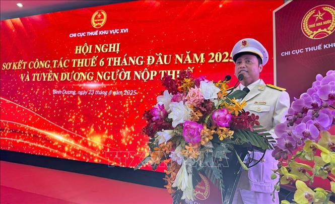 Ông Nguyễn Văn Công, Trưởng chi cục Thuế Khu vực XVI phát biểu tại hội nghị. Ảnh: Huyền Trang - TTXVN 