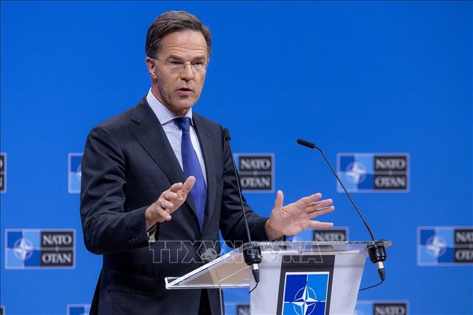 Tổng Thư ký NATO Mark Rutte phát biểu trong cuộc họp báo tại Brussels, Bỉ. Ảnh: THX/TTXVN
