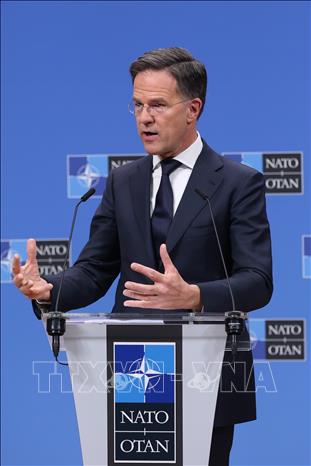 Tổng Thư ký NATO Mark Rutte phát biểu trong cuộc họp báo tại Brussels, Bỉ. Ảnh: THX/TTXVN