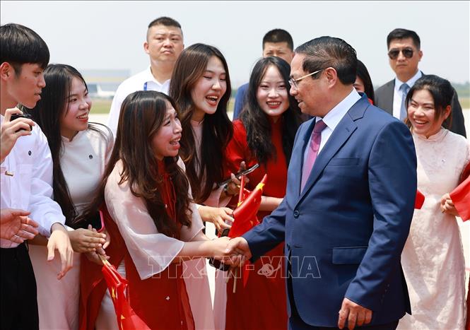 Học sinh, sinh viên Việt Nam tại Trung Quốc đón Thủ tướng Phạm Minh Chính ở Sân bay quốc tế Tân Hải, thành phố Thiên Tân, Trung Quốc. Ảnh: Dương Giang-TTXVN