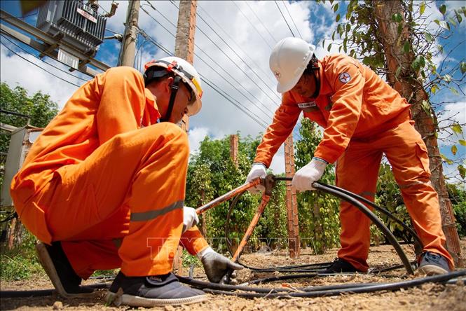 EVNCPC tăng cường kiểm tra định kỳ đường dây, thay thế dây gặp sự cố. Ảnh: TTXVN phát