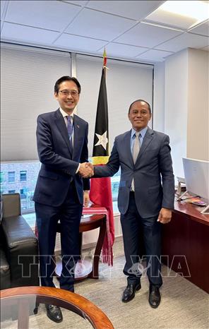 Đại sứ Đỗ Hùng Việt và Đại sứ Timor-Leste. Ảnh: Thanh Tuấn - Phóng viên TTXVN tại Mỹ