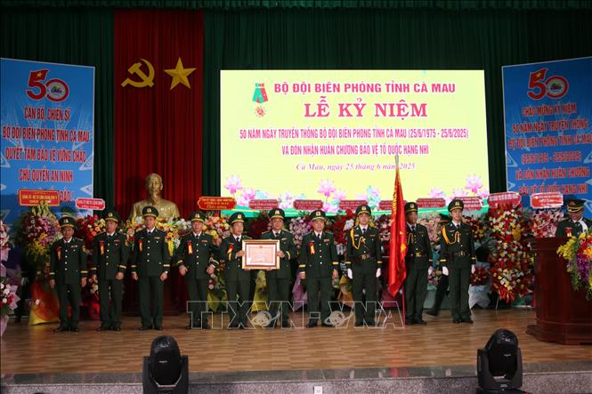 Thừa ủy quyền của Chủ tịch nước, Thiếu tướng Trần Ngọc Hữu, Phó Tư lệnh Bộ đội Biên phòng trao Huân chương Bảo vệ Tổ quốc hạng Nhì cho Bộ đội Biên phòng tỉnh Cà Mau. Ảnh: Kim Há - TTXVN