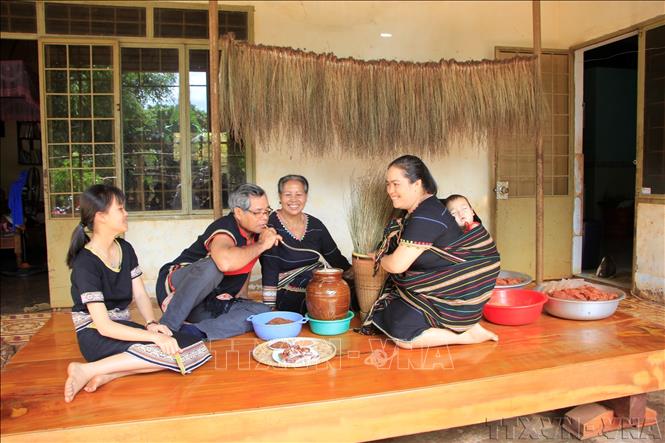 Một gia đình Tây Nguyên quây quần bên nhau thưởng thức các món ăn truyền thống và uống rượu cần. Ảnh: Hồng Điệp – TTXVN