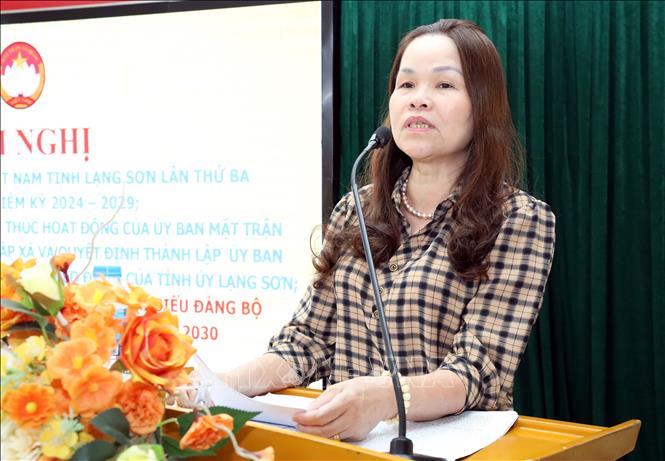 Bà Nông Thị Lâm, Chủ nhiệm Hội đồng tư vấn Dân tộc - Tôn giáo, Uỷ ban MTTQ Việt Nam tỉnh Lạng Sơn nêu ý kiến tại hội nghị. Ảnh: Văn Đạt - TTXVN