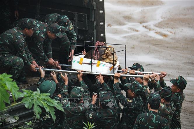 Sappers from the Military Command of the northern province of Hoa Binh remove a part of a bomb containing a detonator found on an area near the Hoa Binh Hydro-electricity Power Plant. VNA  Photo: Trọng Đạt 