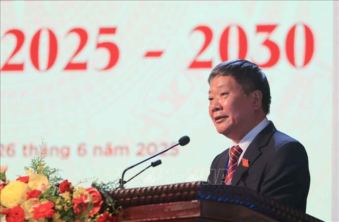 Phó Bí thư chuyên trách Đảng ủy Bộ VH,TT&DL Nguyễn Tuấn Linh nhiệm kỳ 2020-2025 trình bày tham luận tại Đại hội. Ảnh: Hoàng Hiếu - TTXVN