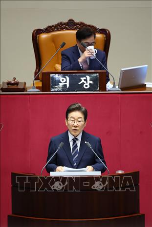Tổng thống Hàn Quốc Lee Jae Myung phát biểu trước Quốc hội, tại Seoul ngày 26/6/2025. Ảnh: Yonhap/TTXVN