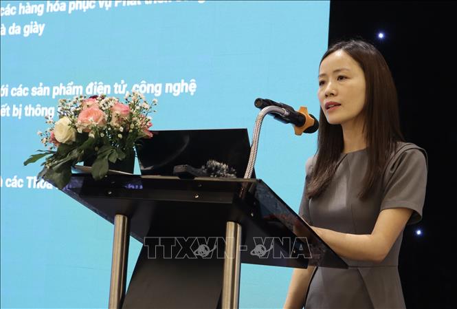 Bà Lê Thị Mai Anh, Vụ Phát triển thị trường nước ngoài, Bộ Công Thương thông tin về nhu cầu thị trường Nam Á tại hội thảo. Ảnh: Xuân Anh -TTXVN