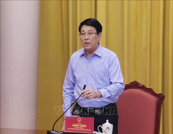 State President Luong Cuong speaks at the working session. VNA Photo: Lâm Khánh