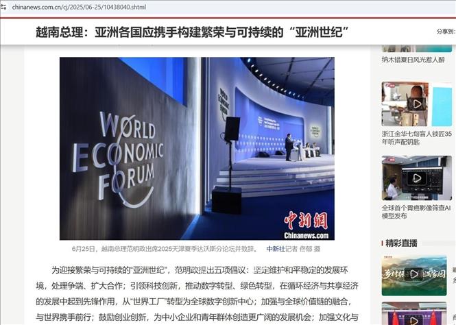 Bài viết của Hãng thông tấn Trung Quốc (Chinanews.com) với tiêu đề “Thủ tướng Việt Nam kêu gọi các nước châu Á chung tay xây dựng kỷ nguyên châu Á phồn vinh và bền vững”. Ảnh: TTXVN phát