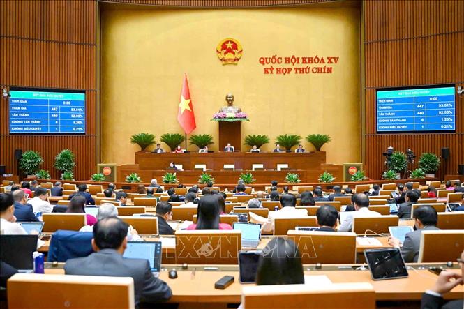 Quốc hội thông qua Luật sửa đổi, bổ sung một số điều của Luật Mặt trận Tổ quốc Việt Nam, Luật Công đoàn, Luật Thanh niên và Luật Thực hiện dân chủ ở cơ sở. Ảnh: Phương Hoa - TTXVN