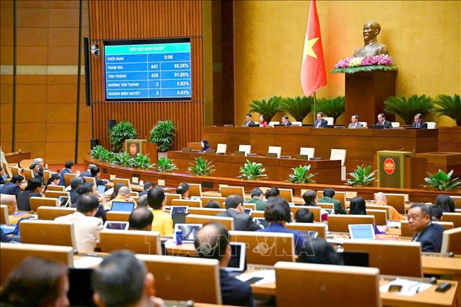 Quốc hội thông qua Nghị quyết của Quốc hội về phê chuẩn quyết toán ngân sách nhà nước năm 2023. Ảnh: Phương Hoa - TTXVN