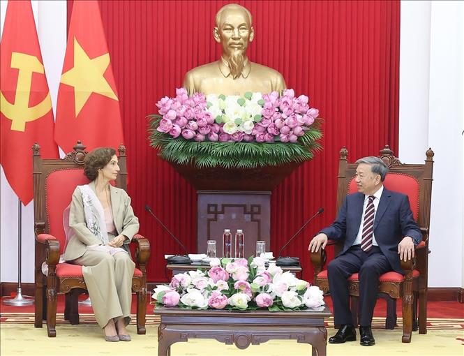 Tổng Bí thư Tô Lâm tiếp Tổng Giám đốc UNESCO Audrey Azoulay. Ảnh: Thống Nhất – TTXVN