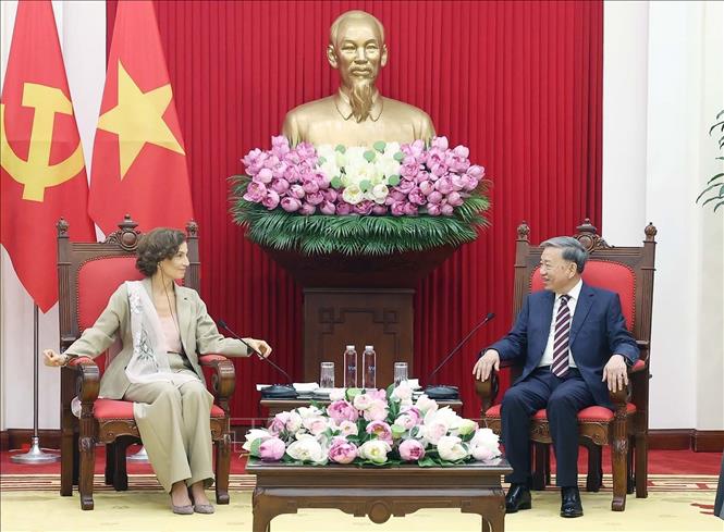 Tổng Bí thư Tô Lâm tiếp Tổng Giám đốc UNESCO Audrey Azoulay. Ảnh: Thống Nhất – TTXVN