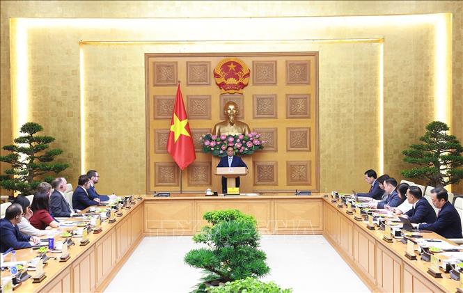Thủ tướng Phạm Minh Chính phát biểu tại cuộc Tọa đàm với các doanh nghiệp Vương quốc Anh. Ảnh: Dương Giang-TTXVN