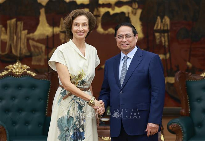 Thủ tướng Phạm Minh Chính tiếp bà Audrey Azoulay, Tổng Giám đốc UNESCO. Ảnh: Dương Giang – TTXVN