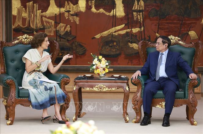Thủ tướng Phạm Minh Chính tiếp bà Audrey Azoulay, Tổng Giám đốc UNESCO. Ảnh: Dương Giang – TTXVN