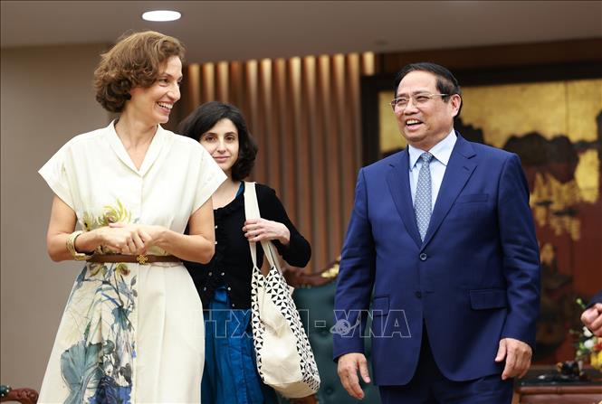 Thủ tướng Phạm Minh Chính tiếp bà Audrey Azoulay, Tổng Giám đốc UNESCO. Ảnh: Dương Giang – TTXVN