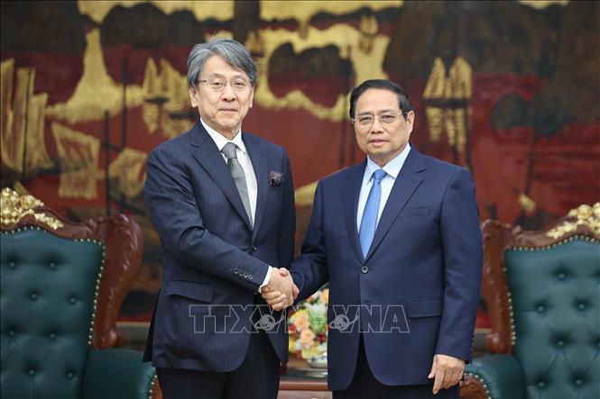 Thủ tướng Phạm Minh Chính tiếp ông Tadashi Maeda, Chủ tịch HĐQT Ngân hàng Hợp tác quốc tế Nhật Bản (JBIC). Ảnh: Dương Giang-TTXVN