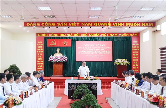 Tổng Bí thư Tô Lâm phát biểu tại buổi làm việc với Ban Thường vụ Đảng uỷ xã Tân Vĩnh Lộc Thành phố Hồ Chí Minh. Ảnh: Thống Nhất – TTXVN