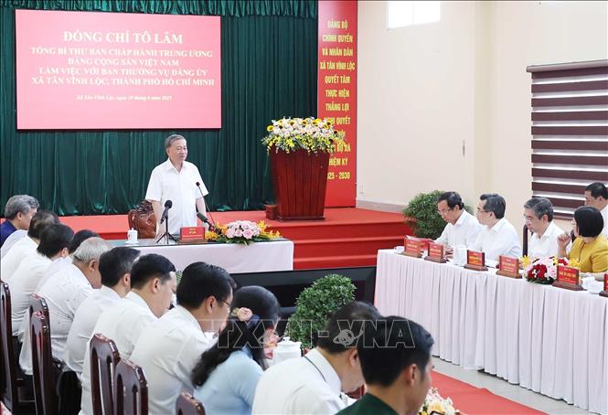 Tổng Bí thư Tô Lâm phát biểu tại buổi làm việc với Ban Thường vụ Đảng uỷ xã Tân Vĩnh Lộc Thành phố Hồ Chí Minh. Ảnh: Thống Nhất – TTXVN