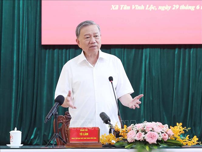 Tổng Bí thư Tô Lâm phát biểu tại buổi làm việc với Ban Thường vụ Đảng uỷ xã Tân Vĩnh Lộc Thành phố Hồ Chí Minh. Ảnh: Thống Nhất – TTXVN
